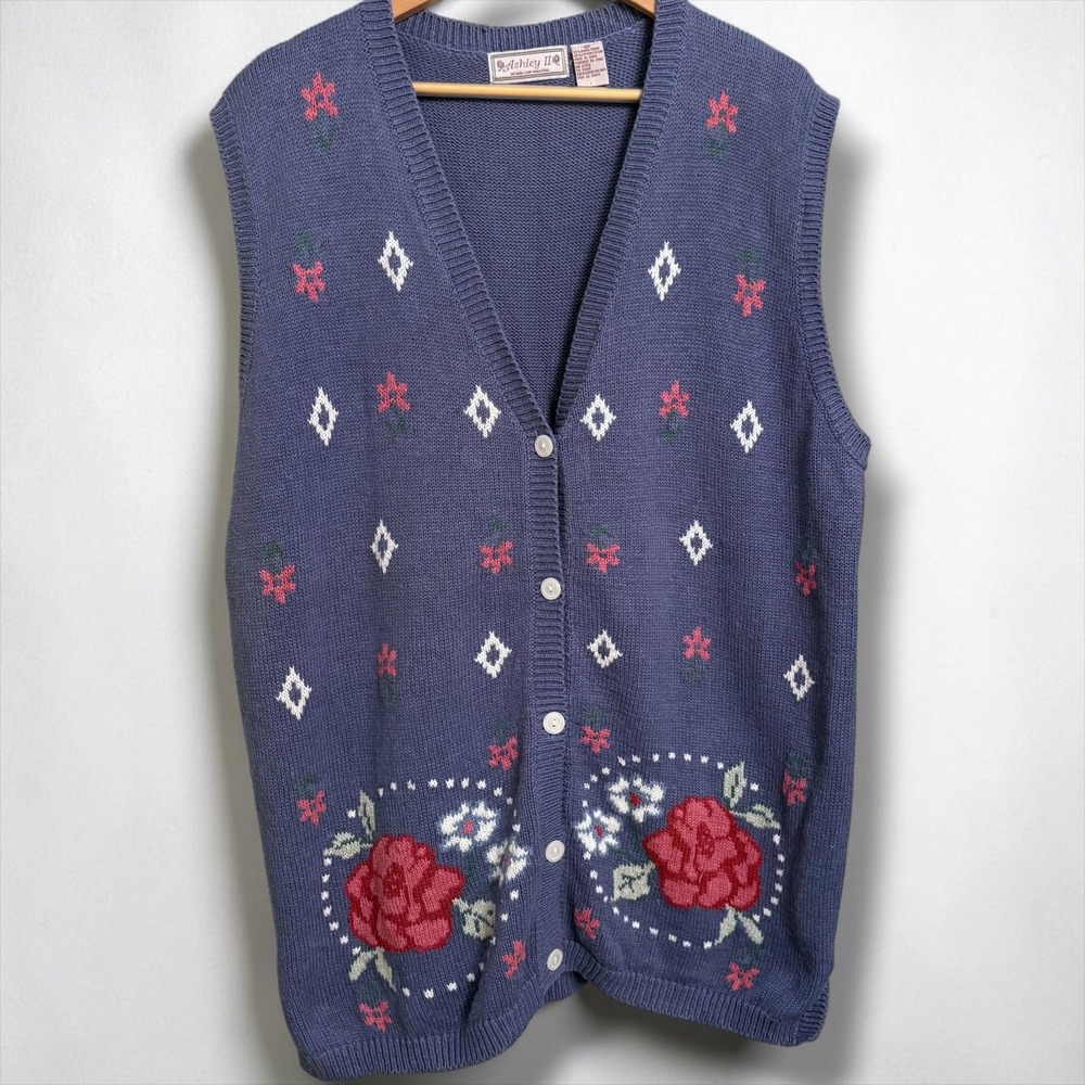 Ashley II Vintage Floral Rose Knit Cardigan Vest Blue Ramie Cotton Plus Size 2X
